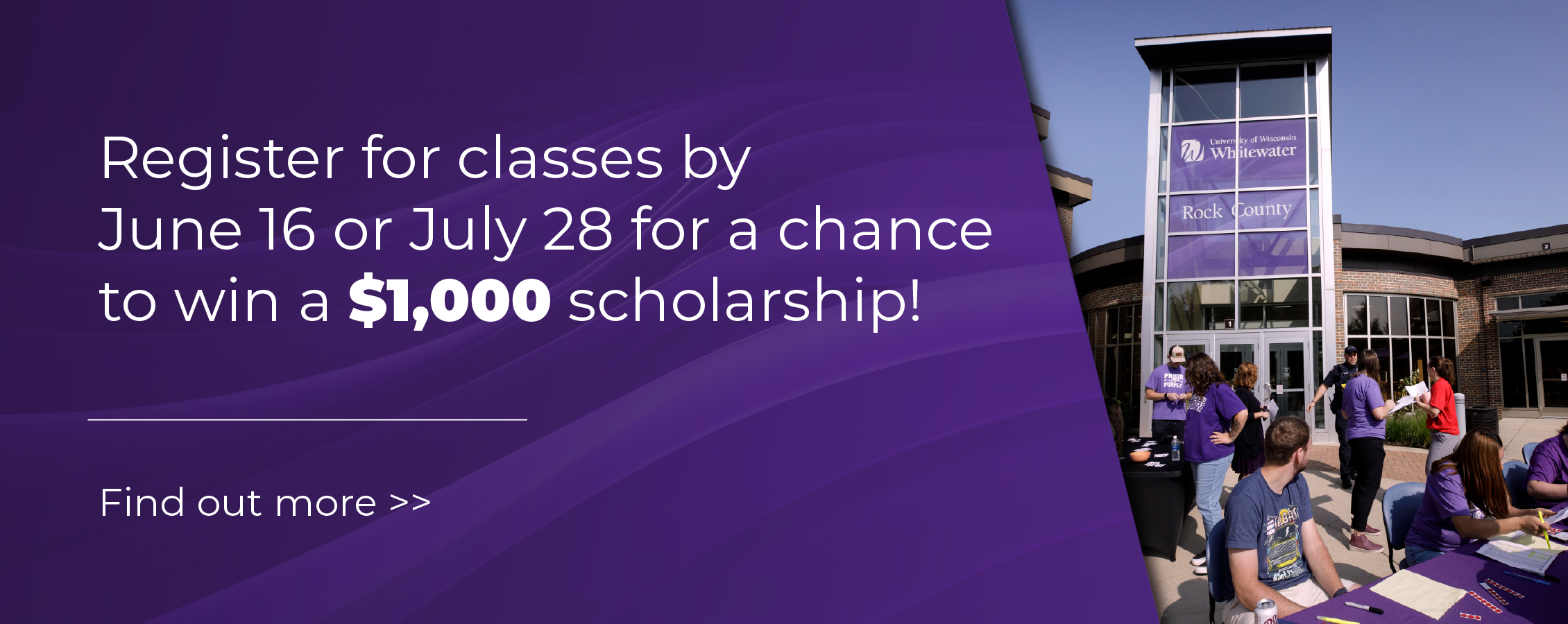 A purple graphic that says register for classes by June 16 or July 28 for a chance to win a $1,000 scholarship! 