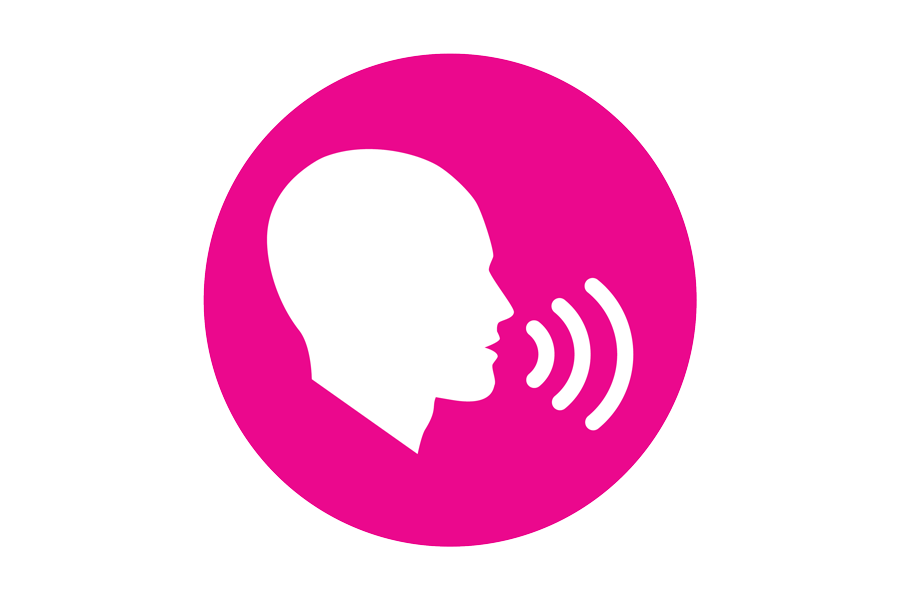 Circular pink icon with a person's head and a talking symbol coming from the mouth